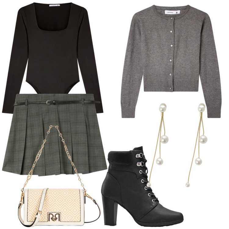 Outfit donna - Total look. Stile Casual chic per Serata fuori. Abbinamento con stivaletti, minigonne, cardigans, body, borse a tracolla, orecchini.