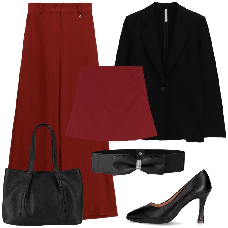 Outfit donna - Il top. Stile Basic per Serata fuori. Abbinamento con shopping bag, cinture, blazer, top, pantaloni a palazzo, décolleté.