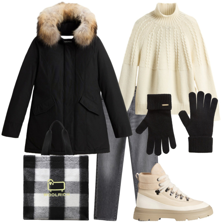 Outfit donna - Aspettando il black Friday. Stile Basic per Tutti i giorni. Abbinamento con maglieria, guanti, jeans, borse tote, parka, anfibi.