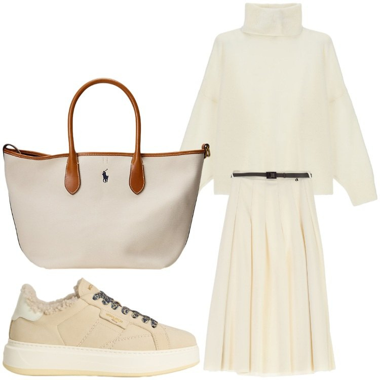 Outfit donna - Candida. Stile Sporty chic per Ufficio. Abbinamento con maglieria, gonne longuette, borse tote, sneakers.