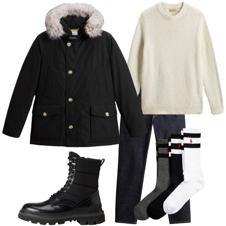 Outfit uomo - Shopping. Stile Urban per Tutti i giorni. Abbinamento con calzini, pantaloni, maglieria, anfibi, giacche.