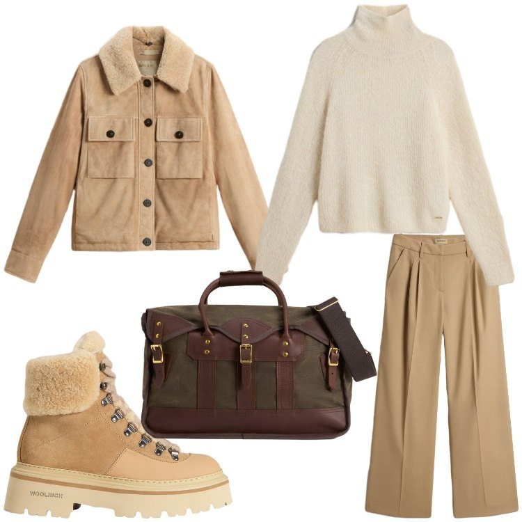 Outfit donna - In viaggio. Stile Casual per Tutti i giorni. Abbinamento con borse a tracolla, piumini, maglieria, pantaloni, stivaletti.