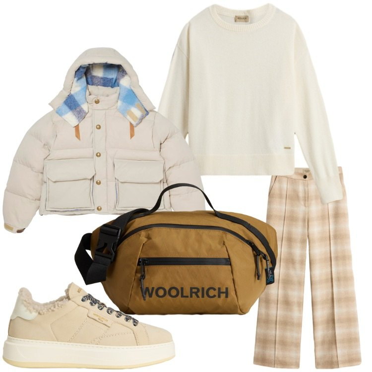 Outfit donna - Tutti i giorni. Stile Casual per Tutti i giorni. Abbinamento con pantaloni, borse a tracolla, sneakers, maglieria, parka.