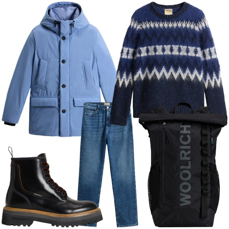Outfit donna - In montagna. Stile Casual per Tutti i giorni. Abbinamento con anfibi, parka, jeans, maglieria, zaini.