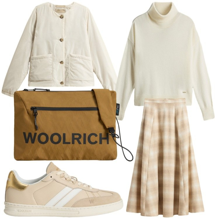 Outfit donna - A lezione. Stile Sporty chic per Scuola/Università. Abbinamento con sneakers, borse a tracolla, gonne lunghe, blazer, maglieria.