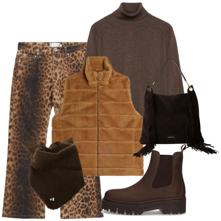 Outfit donna - Al calduccio. Stile Basic per Tutti i giorni. Abbinamento con pantaloni, borse a spalla, foulard, gilet, maglieria, stivaletti chelsea.