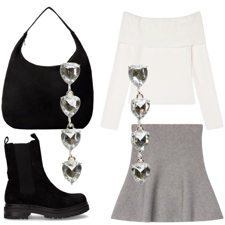 Outfit donna - Cuori. Stile Casual chic per Serata fuori. Abbinamento con orecchini, borse a mano, maglieria, minigonne, stivaletti chelsea.