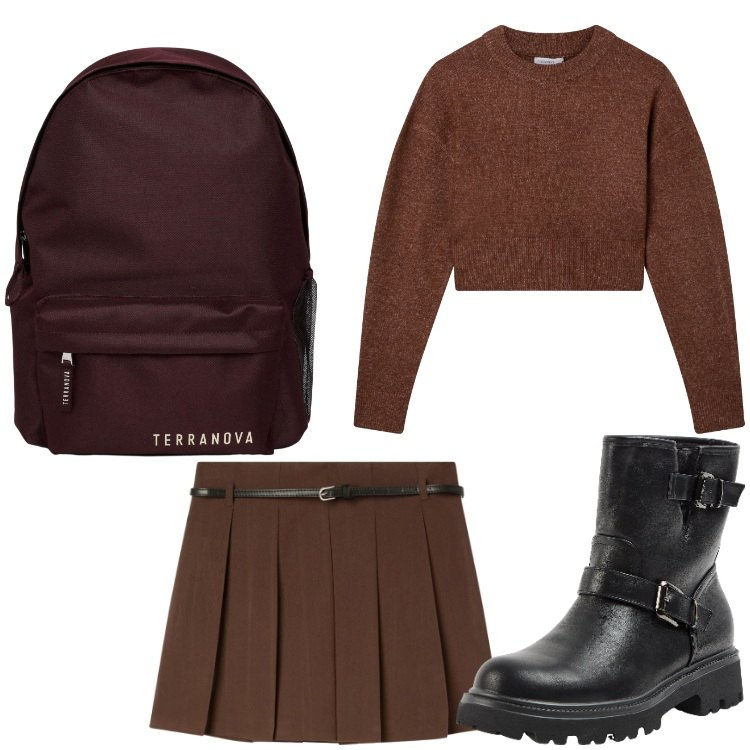 Outfit donna - Giovane. Stile Casual per Tutti i giorni. Abbinamento con zaini, maglieria, stivaletti, minigonne.