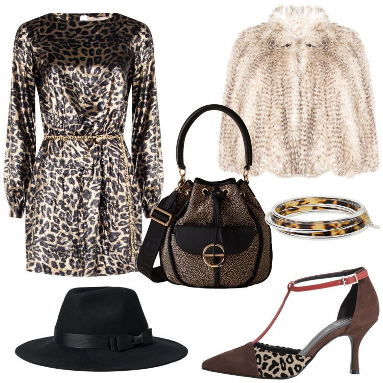 Outfit donna - Total look #2286087. Stile Glamour per Serata fuori. Abbinamento con ecopellicce, vestiti corti, borse a secchiello, décolleté, braccialetti, cappelli.