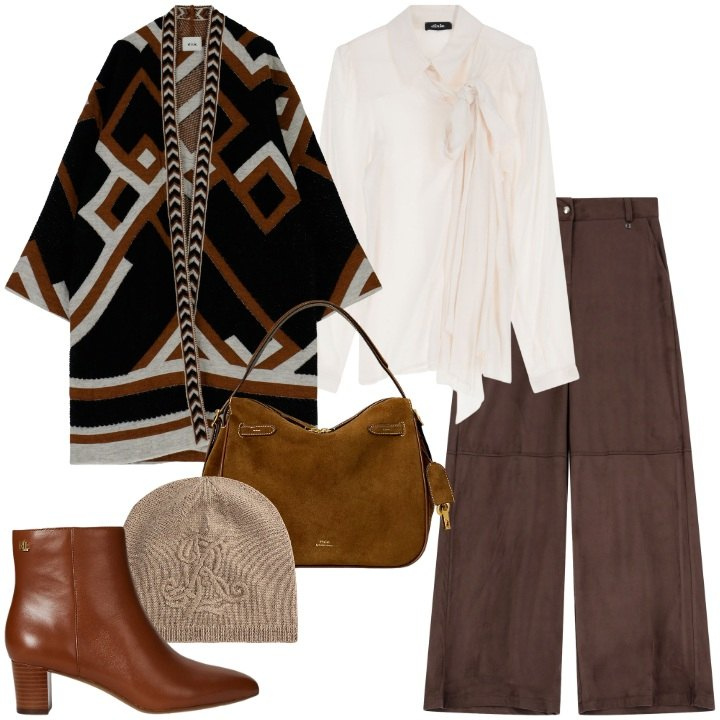 Outfit donna - Cozy & Chic. Stile Chic per Ufficio. Abbinamento con cappe, pantaloni a palazzo, camicie, stivaletti, borse a mano, berretti.