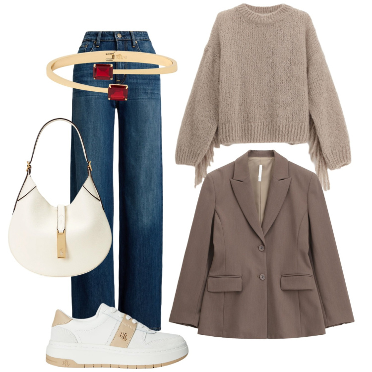 Outfit donna - Total look #2286090. Stile Casual chic per Tutti i giorni. Abbinamento con blazer, maglieria, sneakers, borse a spalla, jeans, braccialetti.