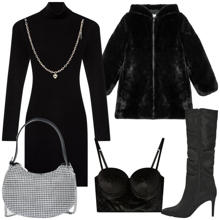 Outfit donna - Terranova black friday 2025. Stile Sexy per Serata fuori. Abbinamento con vestiti corti, collane, stivali, borse a spalla, cappotti, bralette.
