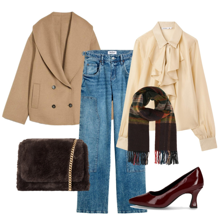Outfit donna - Il nocciola con i jeans. Stile Casual chic per Ufficio. Abbinamento con blazer, jeans, sciarpe, camicie, borse a tracolla, décolleté.