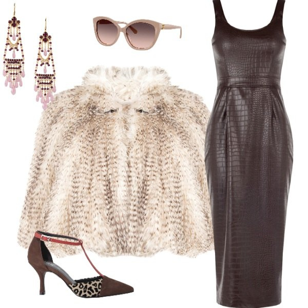 Outfit donna - règne animal. Stile Casual chic per Tutti i giorni. Abbinamento con vestiti a tubino, ecopellicce, décolleté, occhiali da sole, orecchini.