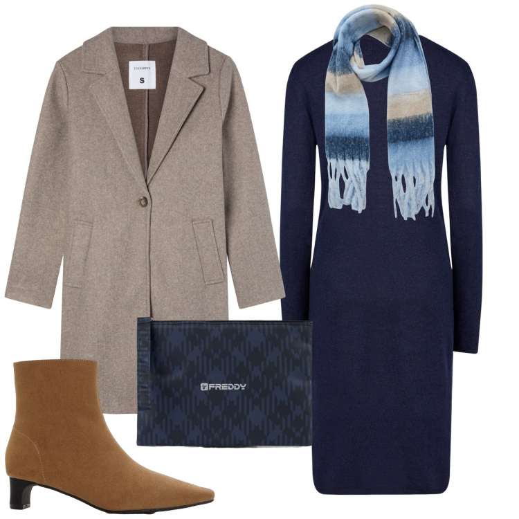 Outfit donna - Minimal in blu. Stile Chic per Ufficio. Abbinamento con stivaletti, sciarpe, cappotti, clutch, vestiti midi/longuette.