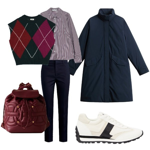 Outfit donna - borgogna. Stile Basic per Tutti i giorni. Abbinamento con camicie, zaini, gilet, pantaloni, sneakers, blazer.