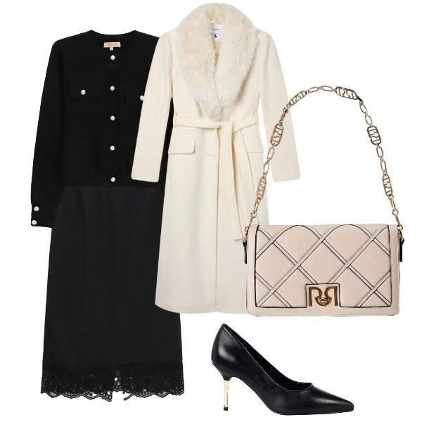 Outfit donna - serata. Stile Casual chic per Serata fuori. Abbinamento con cardigans, décolleté, borse a tracolla, cappotti, gonne longuette.