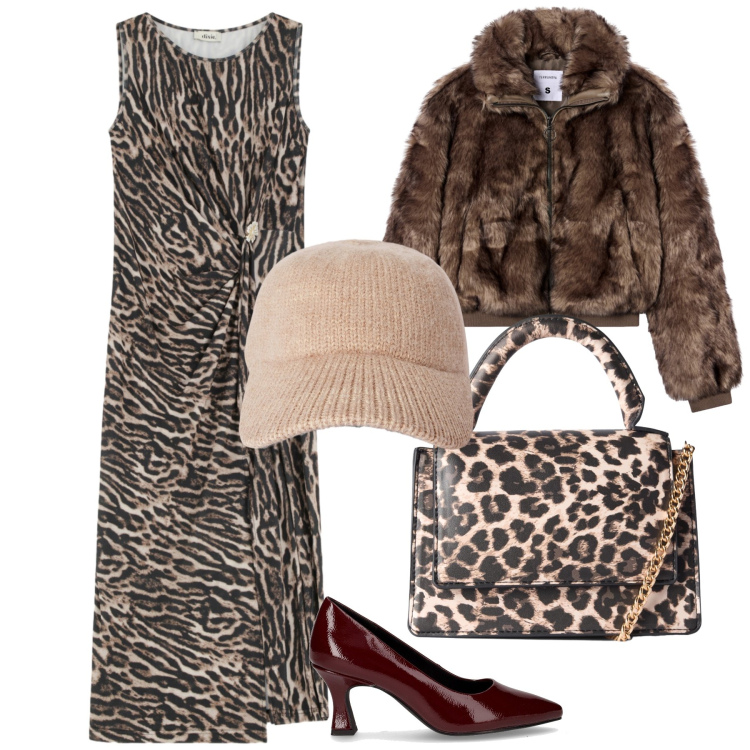 Outfit donna - Il tocco sporty alla sera. Stile Trendy per Serata fuori. Abbinamento con borse a tracolla, cappelli con visiera, ecopellicce, vestiti midi/longuette, décolleté.