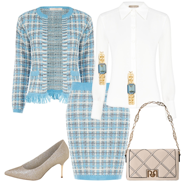 Outfit donna - Bon ton. Stile Bon Ton per Cerimonia. Abbinamento con gonne, blazer, borse a tracolla, camicie, décolleté, orecchini.