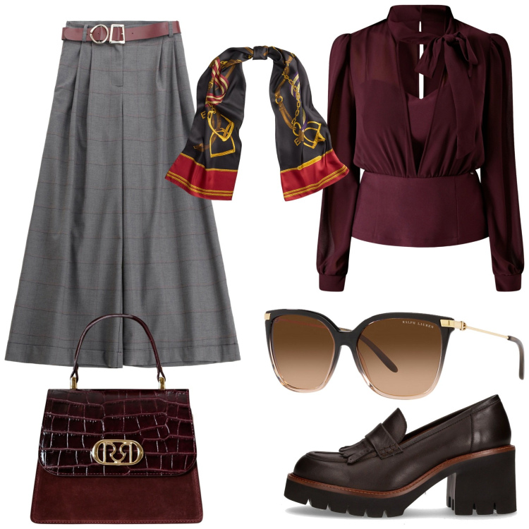 Outfit donna - Total look #2286130. Stile Chic per Ufficio. Abbinamento con borse a mano, bluse, pantaloni, occhiali da sole, sciarpe, décolleté.