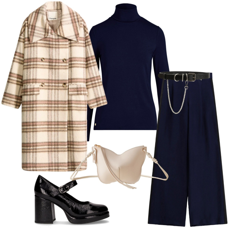 Outfit donna - Il cappotto protagonista. Stile Casual chic per Tutti i giorni. Abbinamento con cappotti, pantaloni a palazzo, cinture, borse a tracolla, vestiti, décolleté.