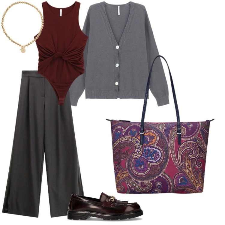 Outfit donna - Il casual chic per l\'ufficio. Stile Casual chic per Ufficio. Abbinamento con pantaloni, cardigans, top, borse tote, collane, mocassini.