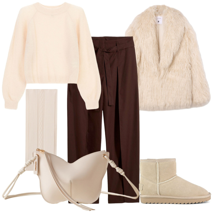 Outfit donna - Cozy & Chic. Stile Casual chic per Tutti i giorni. Abbinamento con pantaloni, ecopellicce, maglieria, borse a tracolla, sciarpe, stivali.