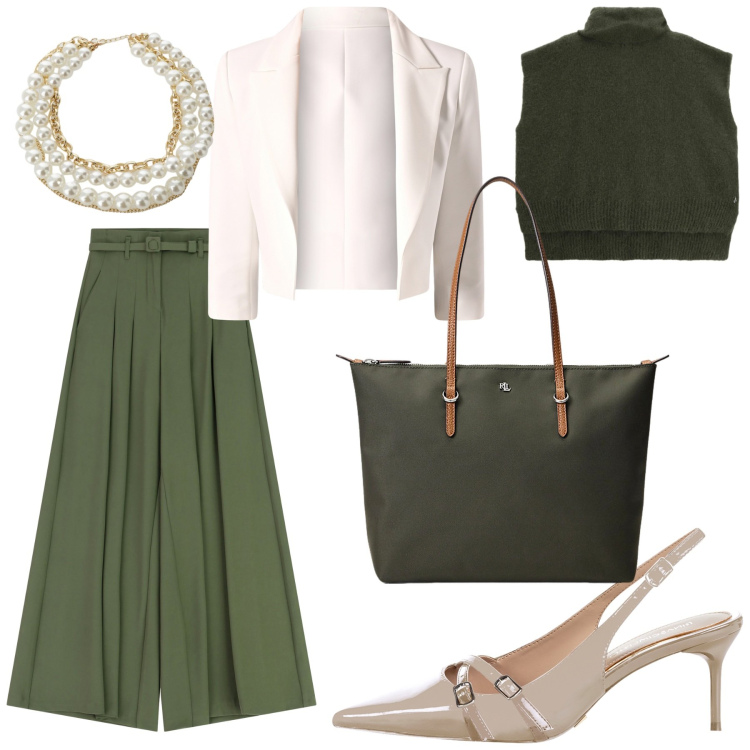 Outfit donna - Total look #2286135. Stile Chic per Ufficio. Abbinamento con blazer, décolleté, pantaloni a palazzo, collane, maglieria, borse tote.