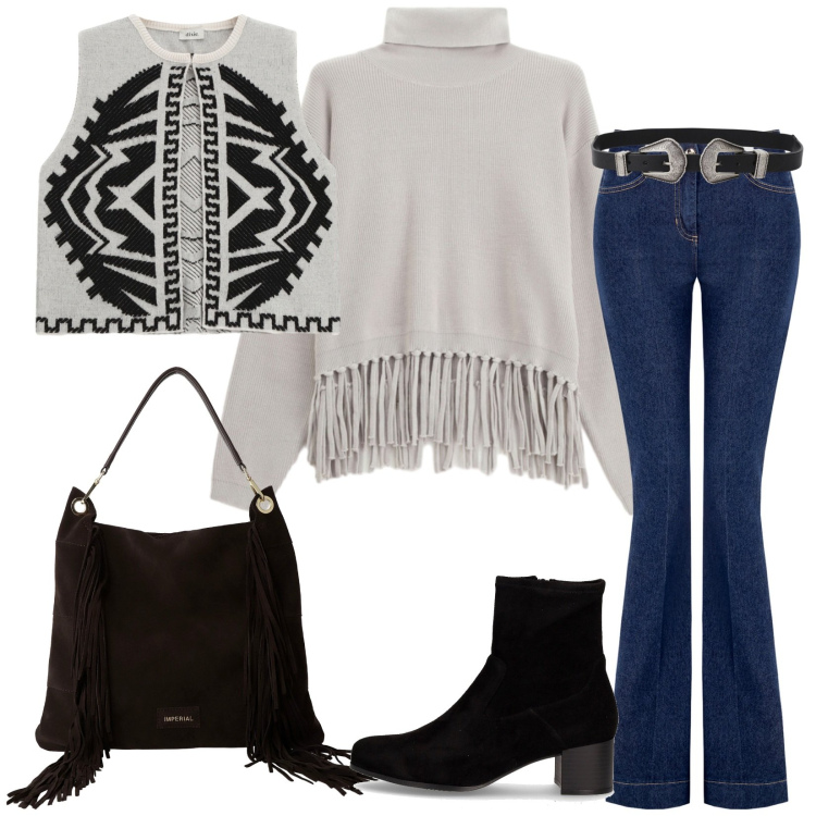 Outfit donna - Passeggiata al centro commerciale. Stile Boho per Tutti i giorni. Abbinamento con maglieria, jeans a zampa, borse a spalla, gilet, cinture, stivaletti.