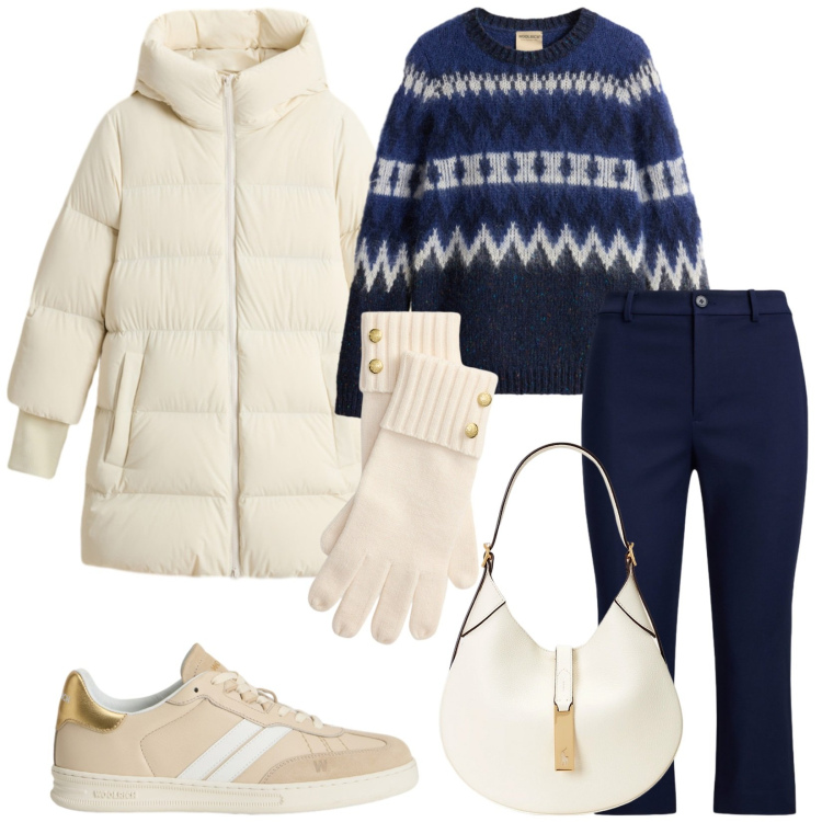 Outfit donna - Burro e blù. Stile Casual chic per Tutti i giorni. Abbinamento con borse a spalla, pantaloni, guanti, sneakers, piumini, maglieria.