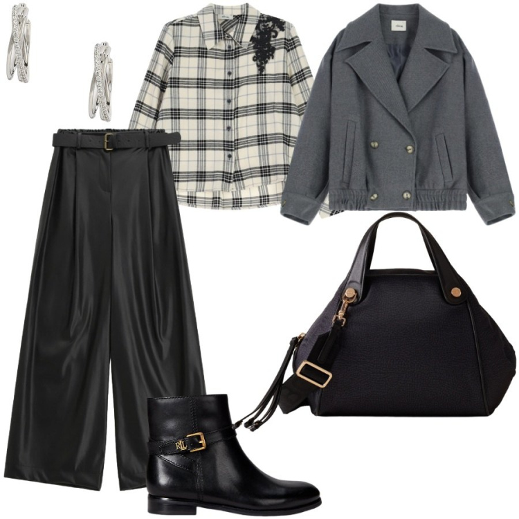 Outfit donna - Aperitivo. Stile Casual chic per Serata fuori. Abbinamento con borse a mano, camicie, cappotti, pantaloni a palazzo, orecchini, stivaletti.