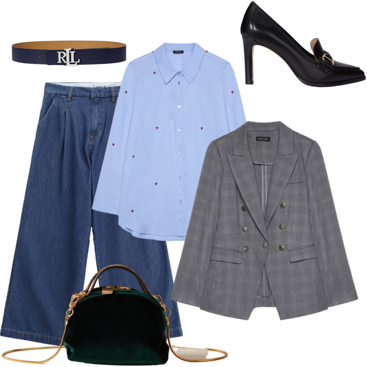 Outfit donna - Mannish al lavoro. Stile Mannish per Ufficio. Abbinamento con jeans, borse a mano, décolleté, cinture, camicie, blazer.