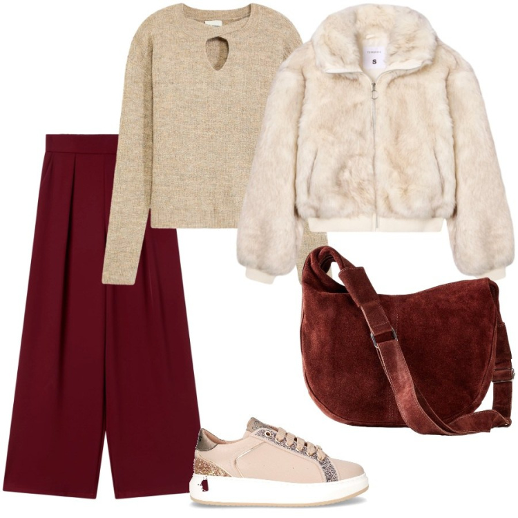 Outfit donna - Total look #2286145. Stile Casual chic per Ufficio. Abbinamento con borse a mano, maglieria, ecopellicce, pantaloni, sneakers.