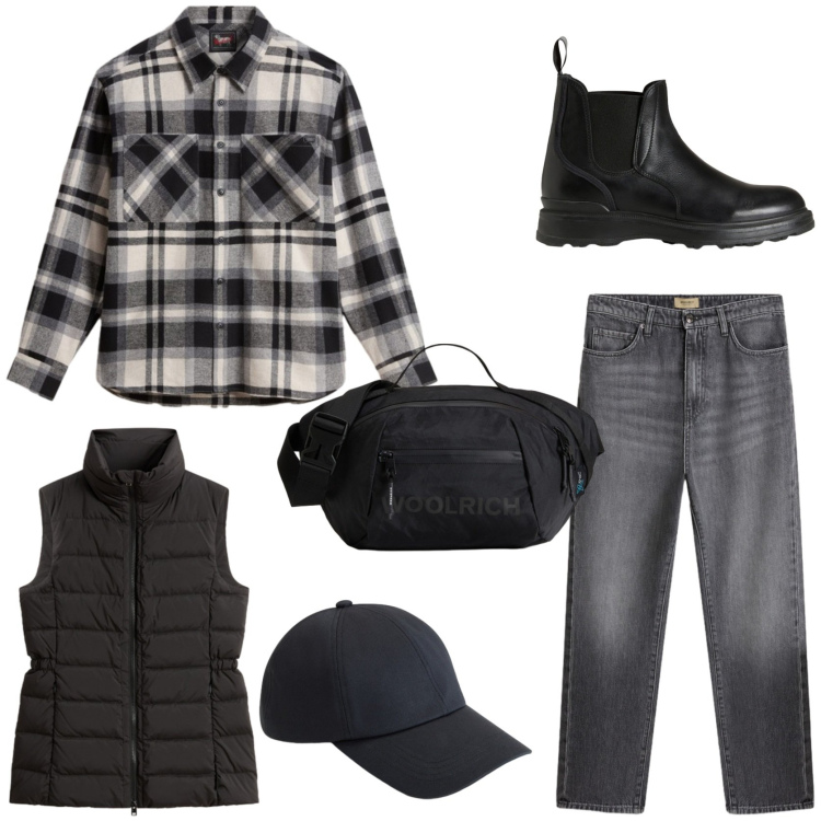 Outfit donna - Grunge in città. Stile Casual per Tutti i giorni. Abbinamento con stivaletti, jeans, borse a tracolla, gilet, camicie, cappelli.