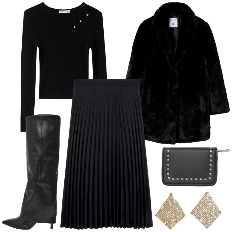 Outfit donna - Terranova black friday 2025. Stile Chic per Serata fuori. Abbinamento con gonne lunghe, maglieria, orecchini, cappotti, portafogli, stivali.