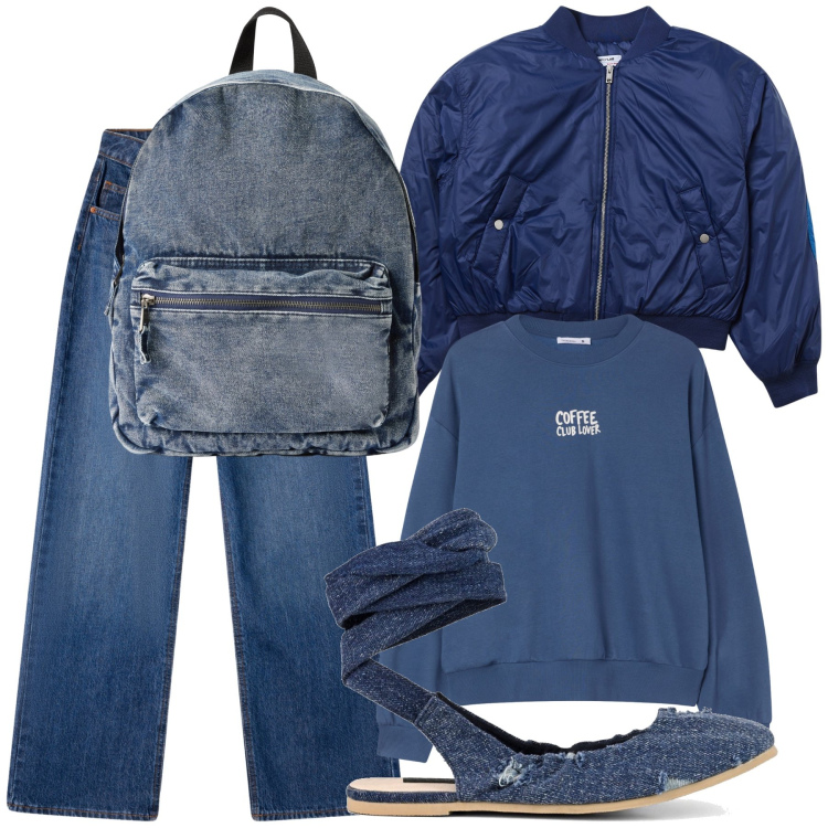 Outfit donna - Blue sporty chic. Stile Casual chic per Tutti i giorni. Abbinamento con jeans, bomber, zaini, felpe, ballerine.