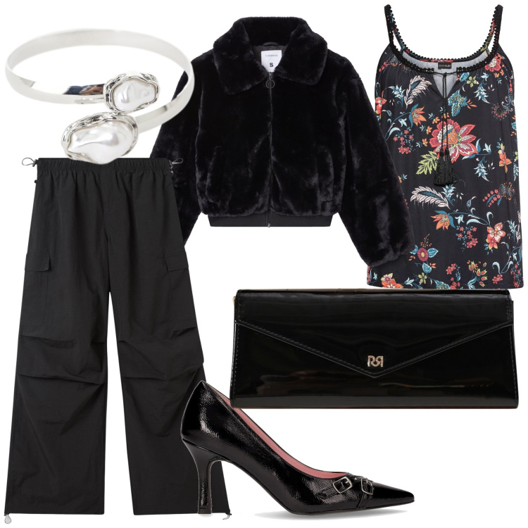 Outfit donna - Fiori a novembre. Stile Glamour per Serata fuori. Abbinamento con top, pantaloni cargo, ecopellicce, pochette, braccialetti, décolleté.