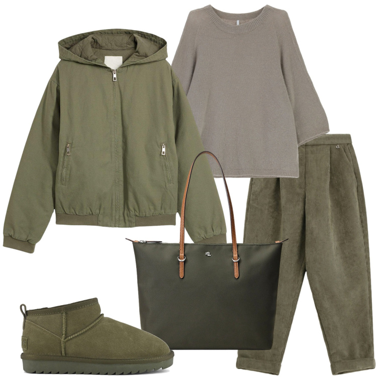 Outfit donna - Verde militare. Stile Casual per Tutti i giorni. Abbinamento con blazer, maglieria, pantaloni, borse tote, stivali.