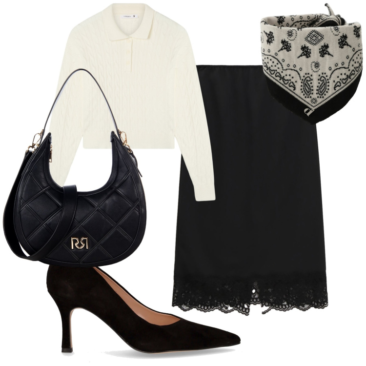 Outfit donna - Un po’ di pizzo in ufficio. Stile Bon Ton per Ufficio. Abbinamento con polo, borse a tracolla, gonne longuette, foulard, décolleté.