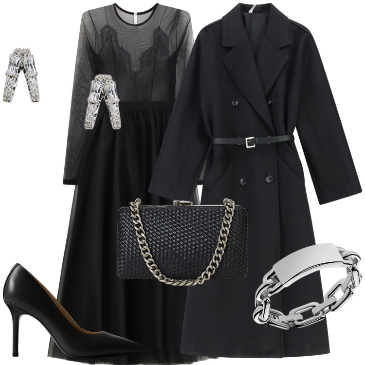 Outfit donna - Serata a teatro. Stile Chic per Serata fuori. Abbinamento con cappotti, vestiti midi/longuette, anelli, orecchini, clutch, décolleté.