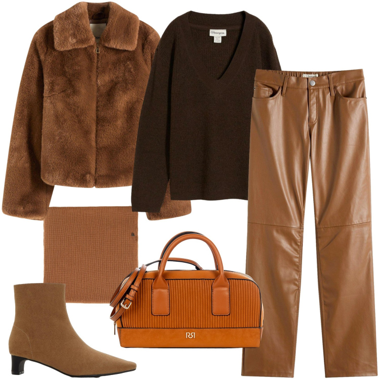 Outfit donna - Color miele e caramello. Stile Casual chic per Tutti i giorni. Abbinamento con maglieria, ecopellicce, pantaloni, stivaletti, borse a mano, sciarpe.