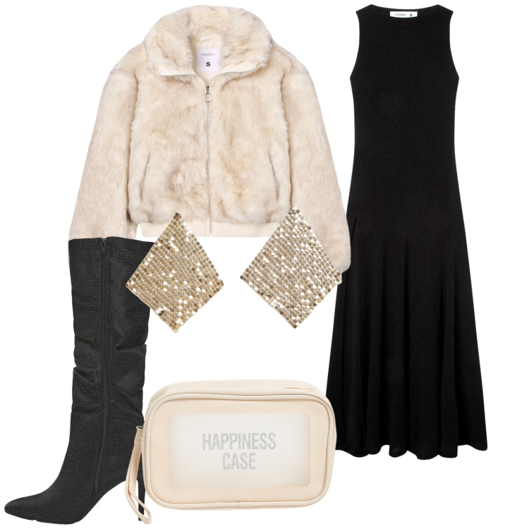 Outfit donna - Happiness is Saturday night. Stile Glamour per Serata fuori. Abbinamento con vestiti lunghi, stivali, orecchini, ecopellicce, valigie.