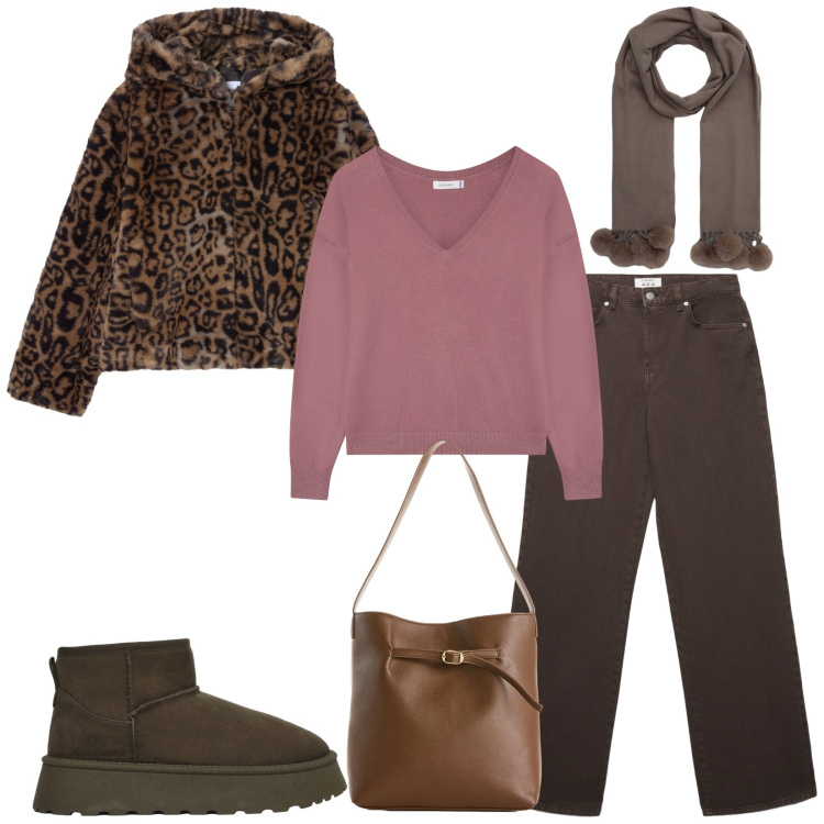 Outfit donna - Inverno con Terranova. Stile Casual chic per Tutti i giorni. Abbinamento con borse a mano, sciarpe, maglieria, ecopellicce, jeans, stivali.