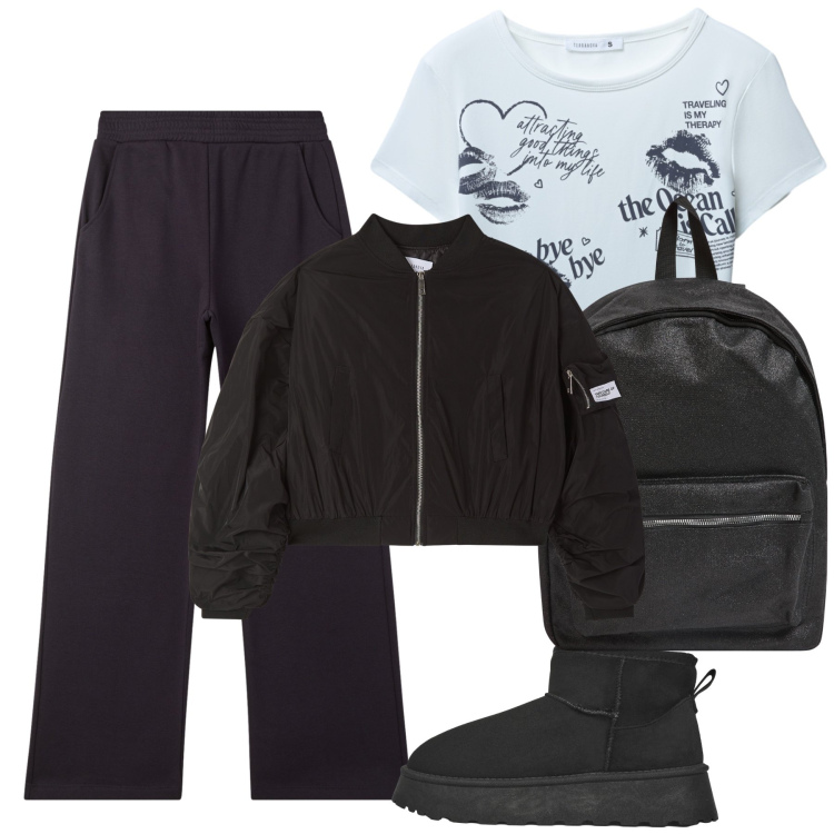 Outfit donna - Terranova per due passi. Stile Casual per Tutti i giorni. Abbinamento con pantaloni, t-shirt, stivaletti, bomber, zaini.