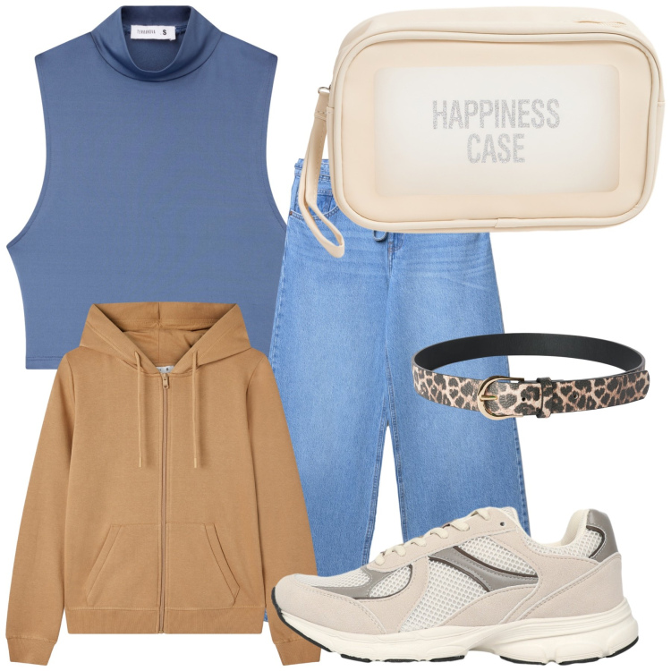 Outfit donna - Commissioni in Terranova. Stile Basic per Tutti i giorni. Abbinamento con cinture, top, felpe con cappuccio, sneakers, jeans, valigie.