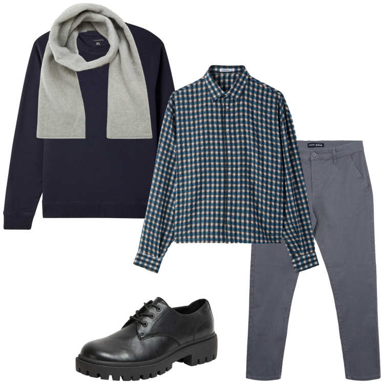 Outfit uomo - Terranova. Stile Trendy per Serata speciale. Abbinamento con scarpe stringate, pantaloni chino, sciarpe e foulard, felpe, camicie.