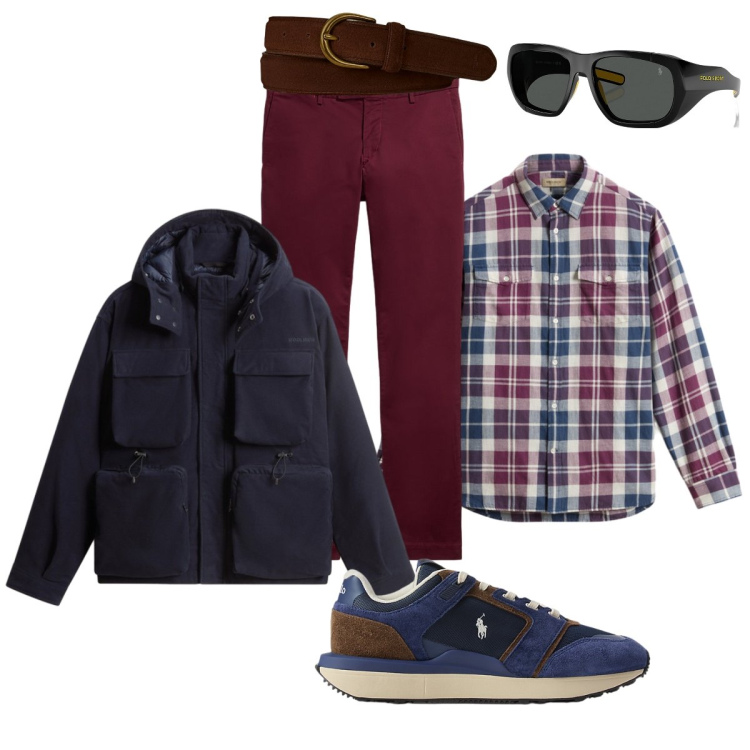Outfit uomo - In città. Stile Casual per Tutti i giorni. Abbinamento con occhiali da sole, cinture, pantaloni, sneakers, camicie, giacche.