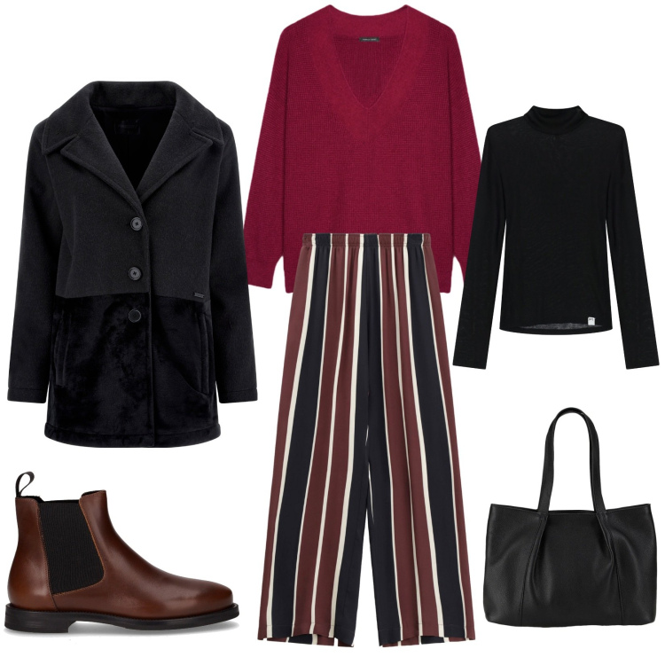 Outfit donna - In città. Stile Casual chic per Tutti i giorni. Abbinamento con shopping bag, pantaloni a palazzo, maglieria, cappotti, maglieria, stivaletti chelsea.