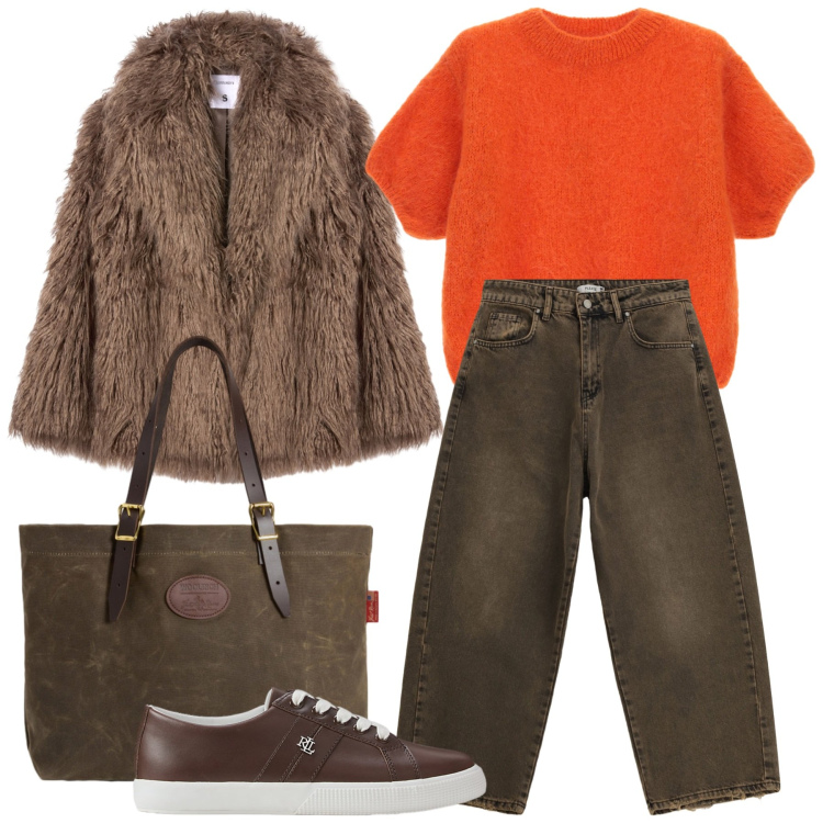 Outfit donna - Cozy winter. Stile Casual chic per Tutti i giorni. Abbinamento con pantaloni a palazzo, ecopellicce, maglieria, sneakers, borse tote.