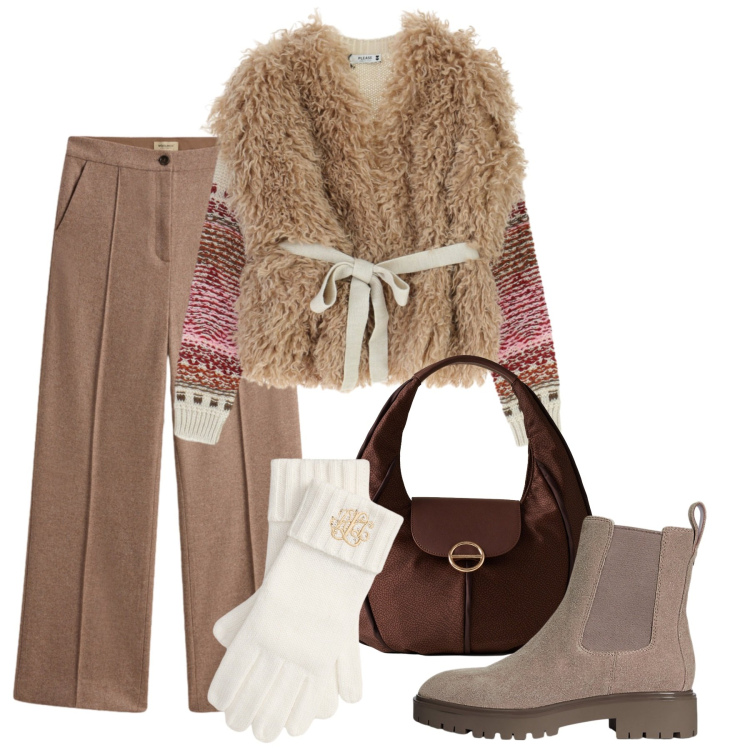 Outfit donna - Cozy. Stile Casual chic per Tutti i giorni. Abbinamento con maglieria, borse a spalla, stivaletti chelsea, guanti, pantaloni.